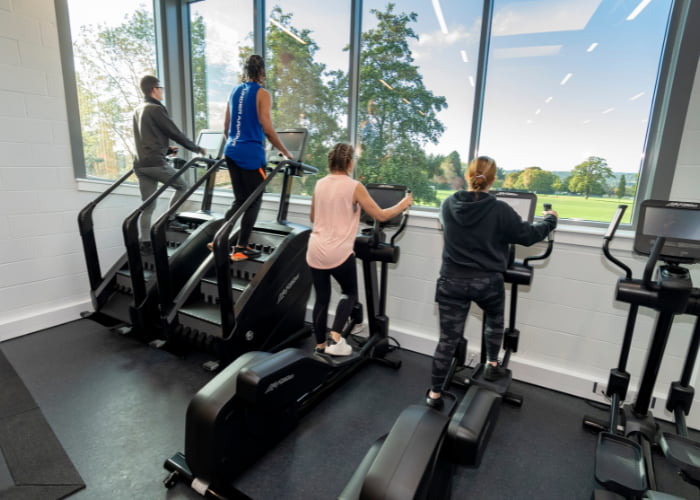 Working out using the step machine in the gym